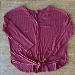 IWOLLENCE Women's Waffle Knit Tunic Blouse Tie Knot Henley Top